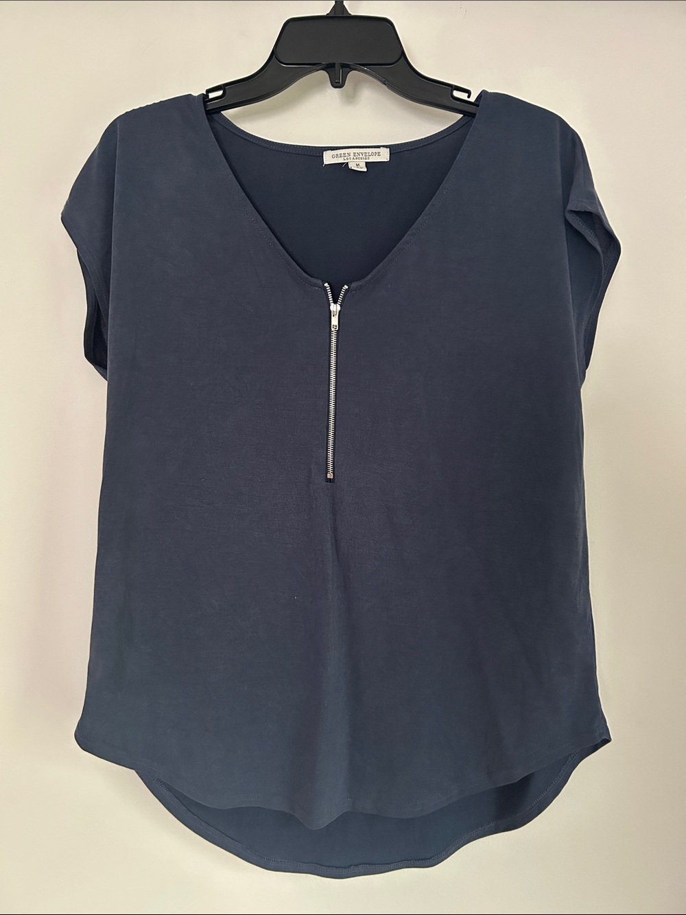 Green Envelope Navy Short-Sleeve V-Neck Zip Blouse